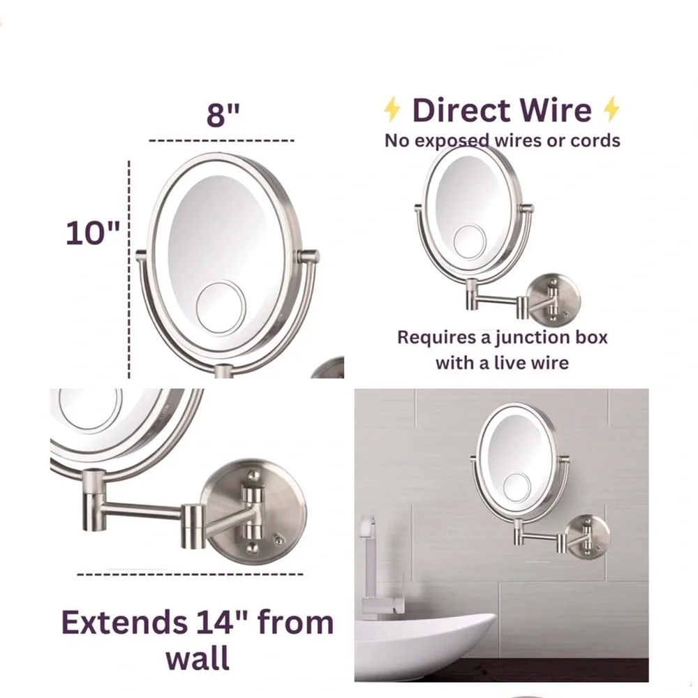 JERDON LED Lighted Wall Mounted Makeup Mirror 10X - 1X Magnifying Mirror